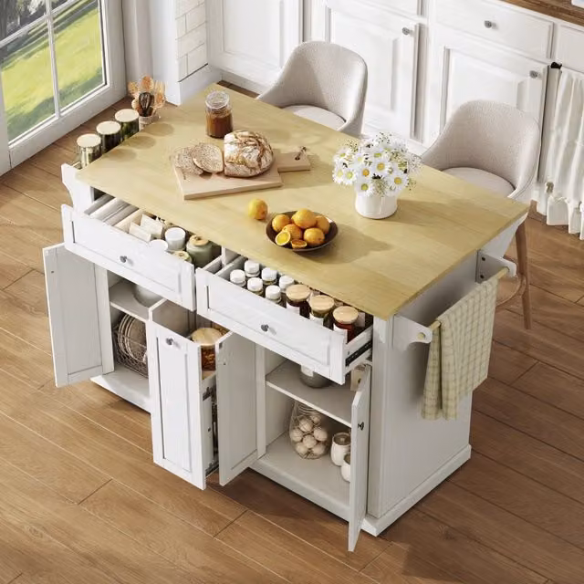 Isola cucina mobile con piano ribaltabile in MDF bianco e legno naturale; 121 x 49/69 x 89 cm; per cucina e sala da pranzo