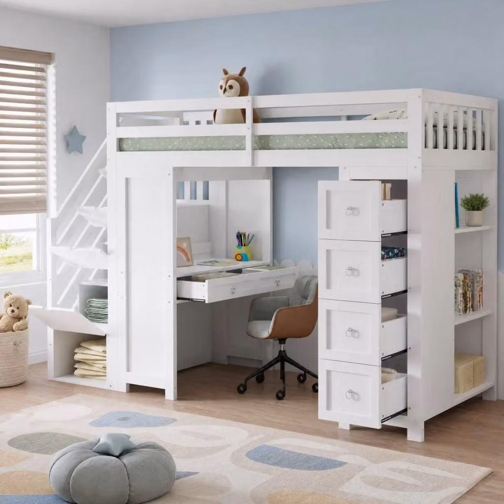 Letto a soppalco multifunzione REDOM per bambini in legno e MDF bianco con scrivania, cassetti e scala, L/P/H: 200 x 90 x 147,5 cm – 2