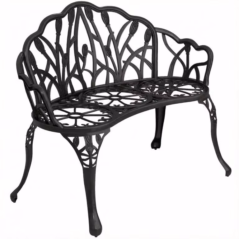 Moonbite, panchina da giardino in alluminio per due persone, con schienale a forma di tulipano e motivi floreali, design traforato per una maggiore ventilazione, portata massima di 240 kg, piedini antiscivolo, 99 cm di altezza, colore nero