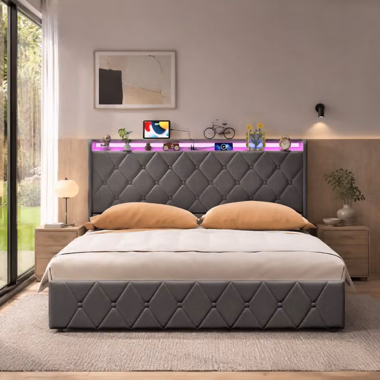 Letto imbottito INONEFT, 160x200 cm, con contenitore, letto per ragazzi con LED e prese di corrente, letto matrimoniale con rete a doghe e spazio contenitivo nella testiera, rivestito in velluto, colore grigio scuro