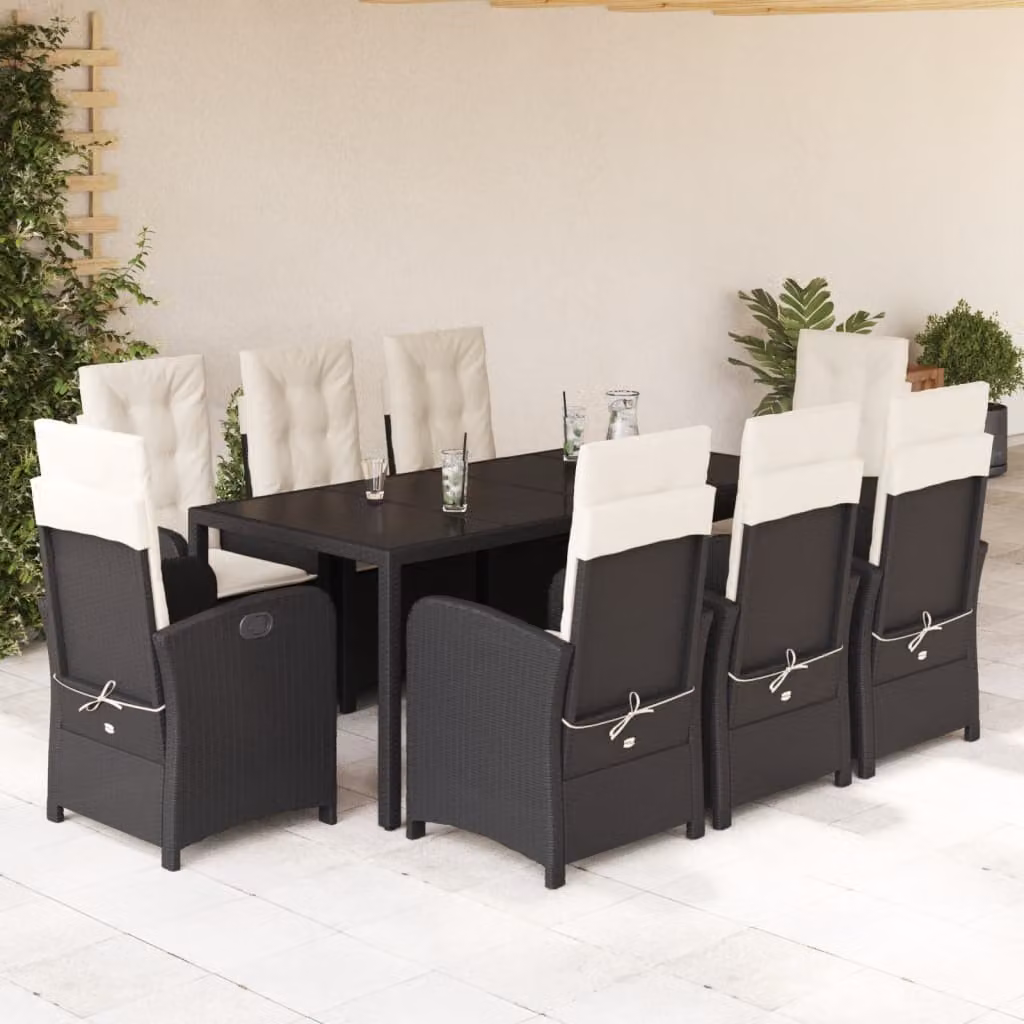 Set da Pranzo da Giardino vidaXL in Polyrattan Nero con Cuscini e Tavolo in Vetro, 9 Pezzi – 1