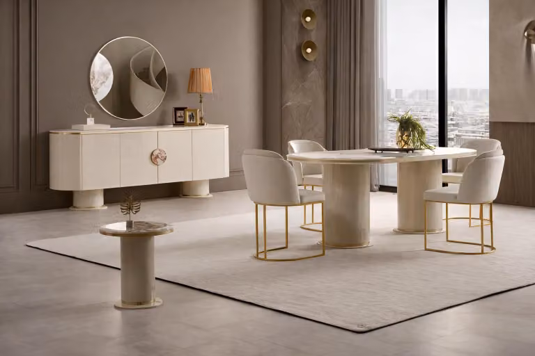 Set da pranzo beige, composto da: tavolo da pranzo di design, 4 sedie e credenza