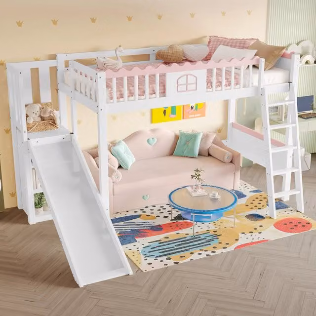 Letto a soppalco singolo OKWISH per bambini con scivolo, ripiani e luci a LED, bianco, L/P/H: 200 x 90 x 188,5 cm