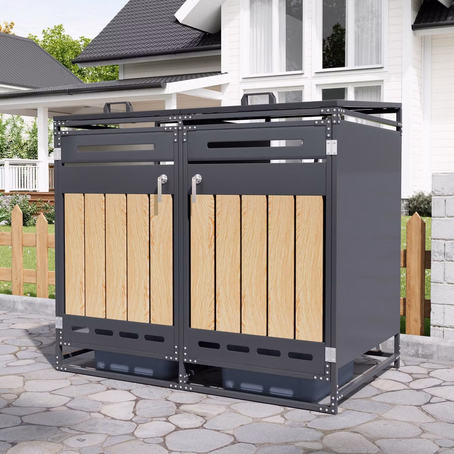 Merax: box per bidoni della spazzatura con coperchio idraulico, rivestimento per bidoni della spazzatura a 2 scomparti, effetto legno verticale, ventilazione, armadio in metallo antiruggine, nero