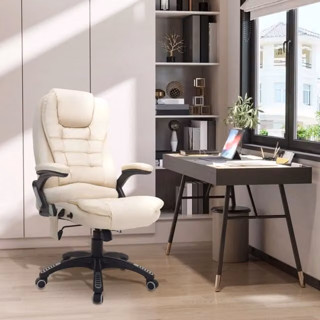 Poltrona da Ufficio Girevole in Ecopelle Beige con Massaggio a 6 Punti e Funzione Riscaldante, Regolabile in Altezza