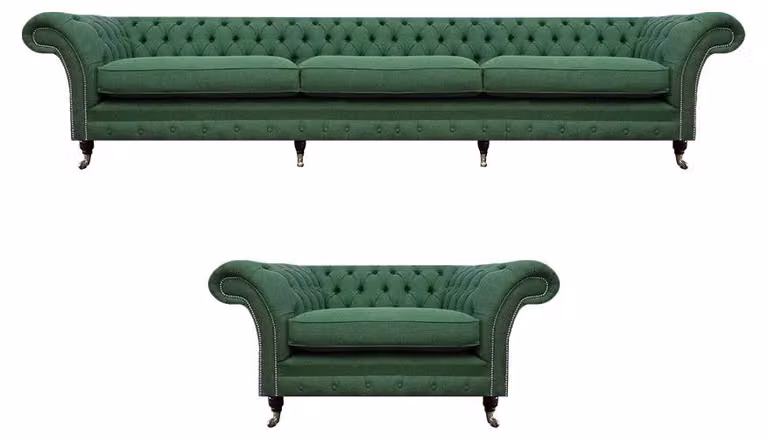 Exklusive Grüne Chesterfield Garnitur Komplettes Set Sessel 3-Sitzer