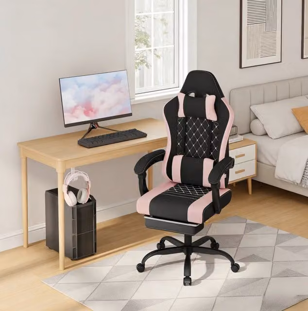 Sedia gaming ULEVR con massaggio USB, poggiapiedi e schienale reclinabile 90¡ã-145¡ã, tessuto a rete nero e rosa