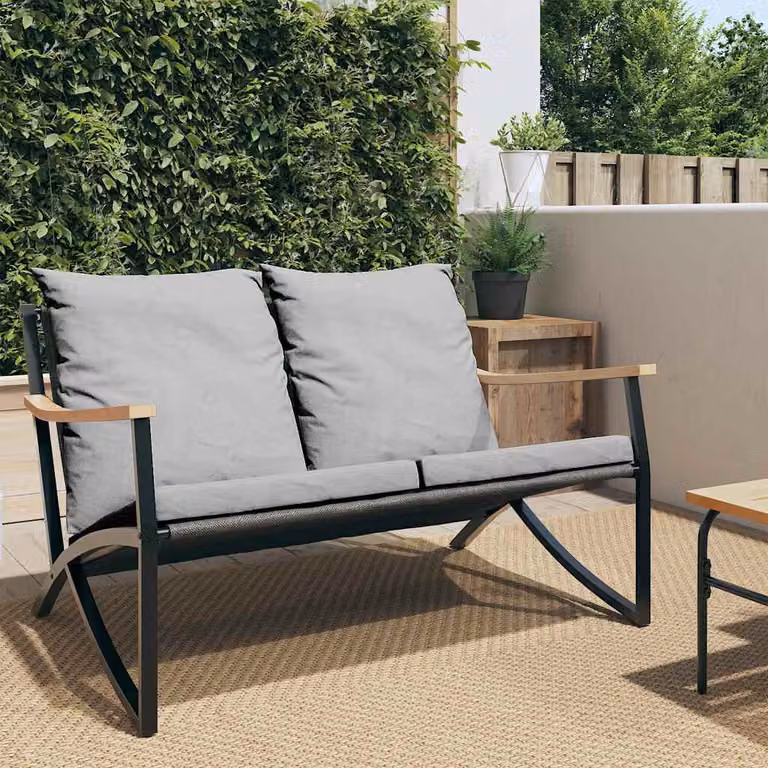 Panchina da giardino moderna vidaXL in metallo con braccioli e cuscini, colore antracite, L: 120 cm