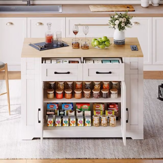 Carrello da cucina con piano ribaltabile, prese elettriche, 2 ante in vetro, cassetti e ripiani, bianco naturale