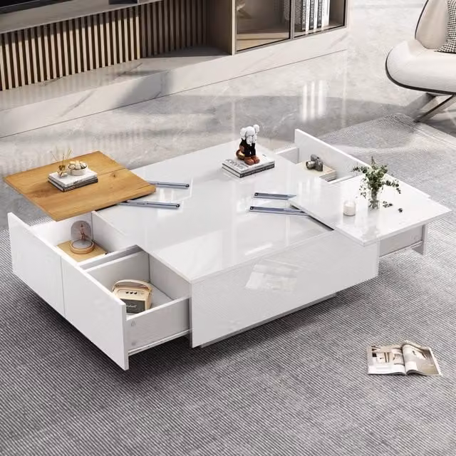 Tavolino basso quadrato OKWISH con 4 cassetti, finitura lucida bianca, per soggiorno, L/P/H: 75 x 75 x 33,5 cm