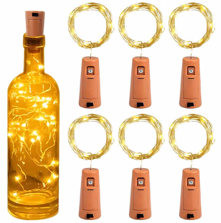 Set di 6 luci a LED per bottiglie, con 20 LED, lunghezza 2 metri, luce bianco caldo, con tappo