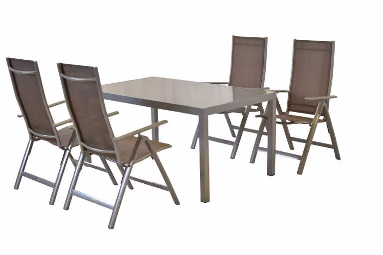 Set di mobili da giardino Merxx Carrara 5 pezzi, 4 poltrone pieghevoli color tortora, 1 tavolo 150 x 90 cm - alluminio/tessuto