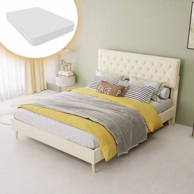 Letto matrimoniale 140x200 cm in tessuto beige con testiera alta e materasso incluso