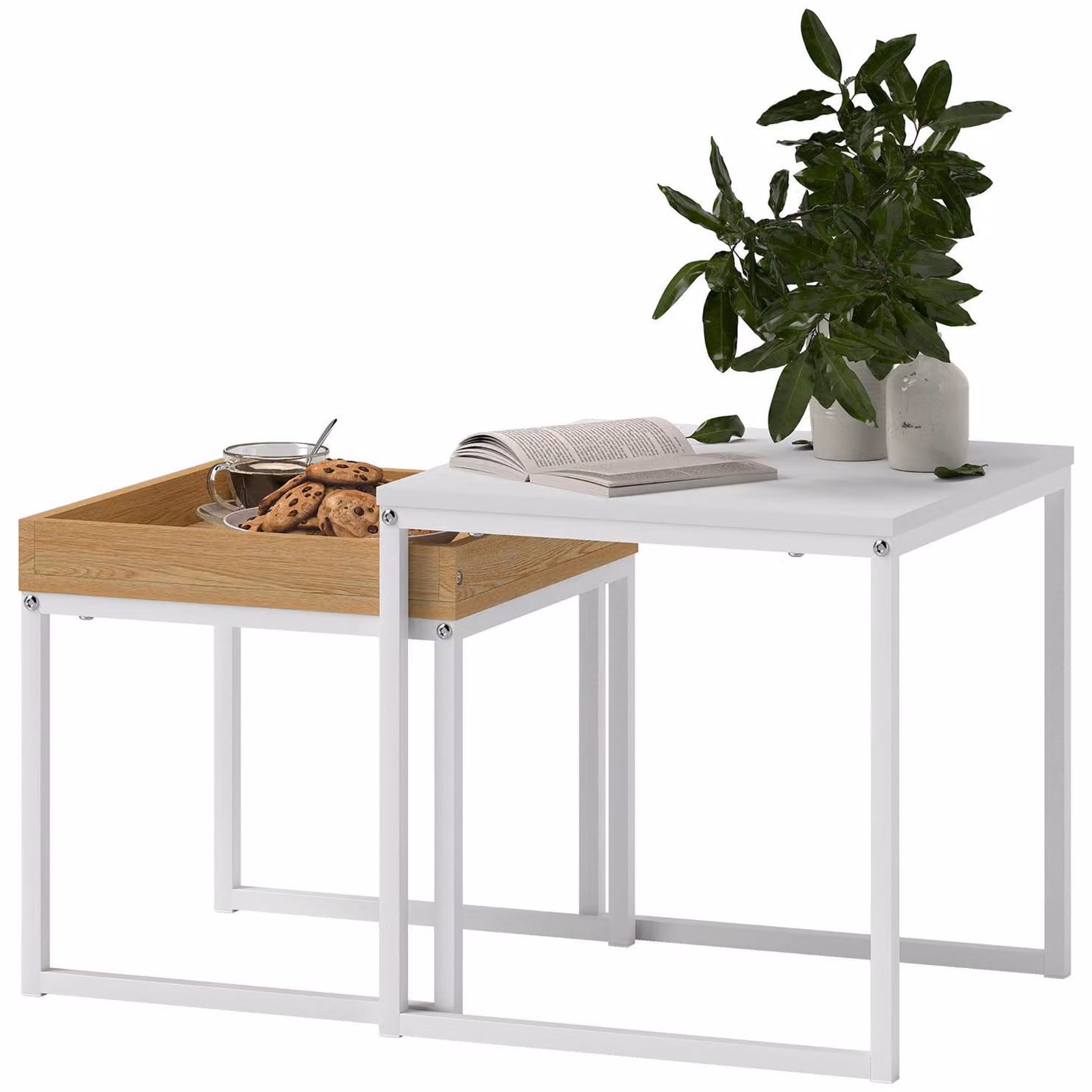 Set di tavolini da salotto, 2 pezzi - Bianco e marrone | Colore: Bianco e marrone | Dimensioni: 45x45x45 / 40x40x40 cm