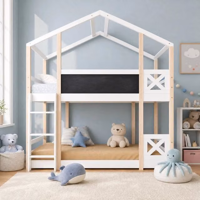 Letto a castello Mivray per bambini in legno di pino e MDF bianco con scala e struttura a casetta, L/P/H: 207 x 90 x 120 cm