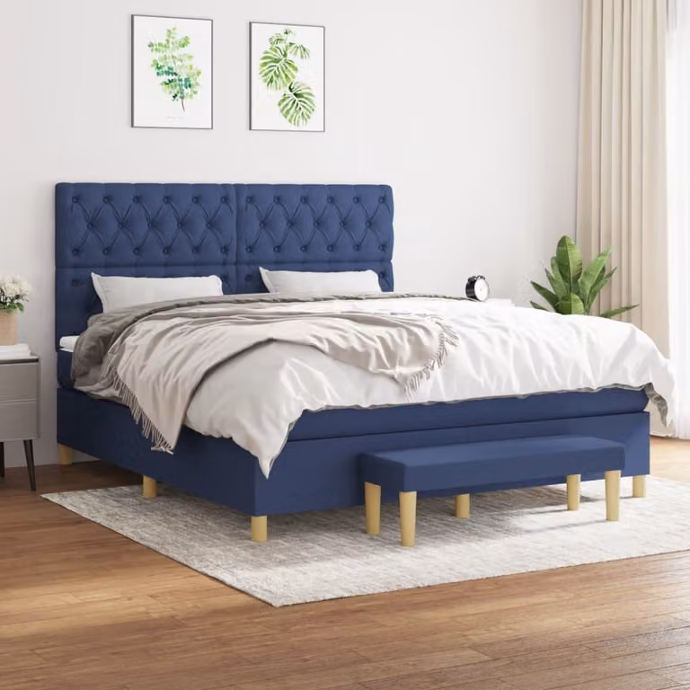 The Living Store Letto a molle con materasso Blu 160x200 cm in tessuto