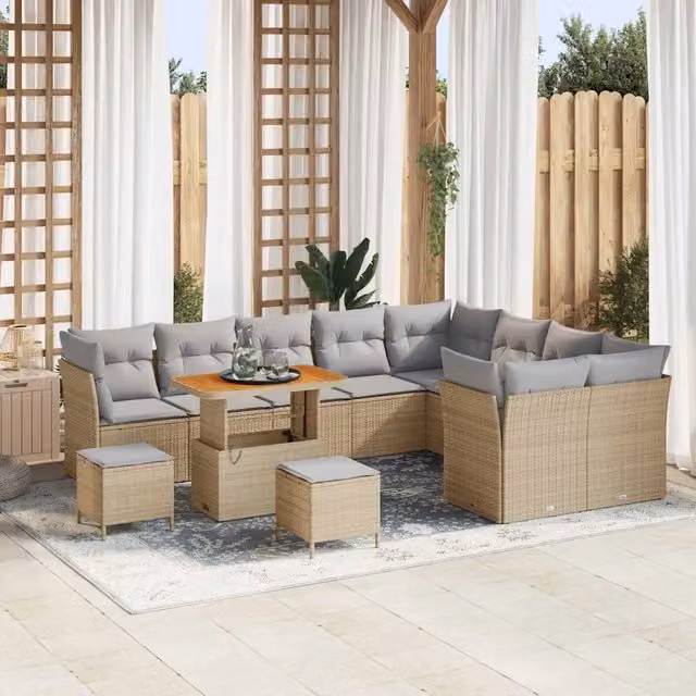 Set Divano da Giardino Moderno vidaXL a Forma a U con Cuscini e Tavolino, Colore Grigio e Beige