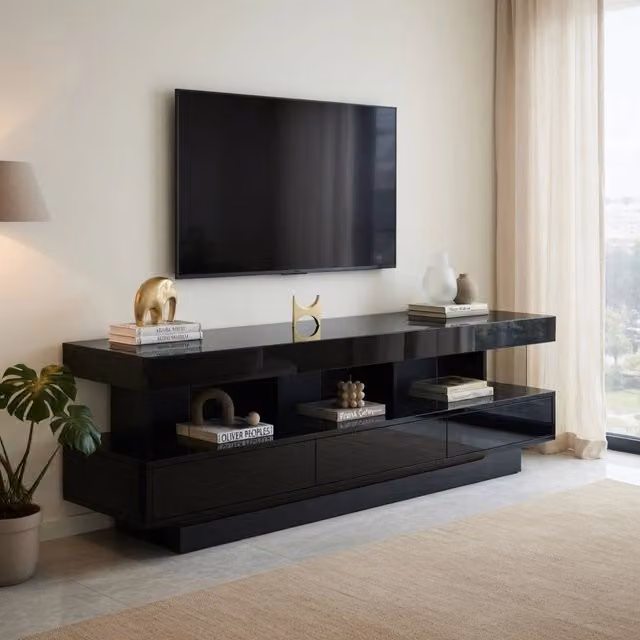 Cassettiera per TV KOMHTOM nera lucida con illuminazione integrata L: 160 cm, P: 38 cm, H: 50,5 cm