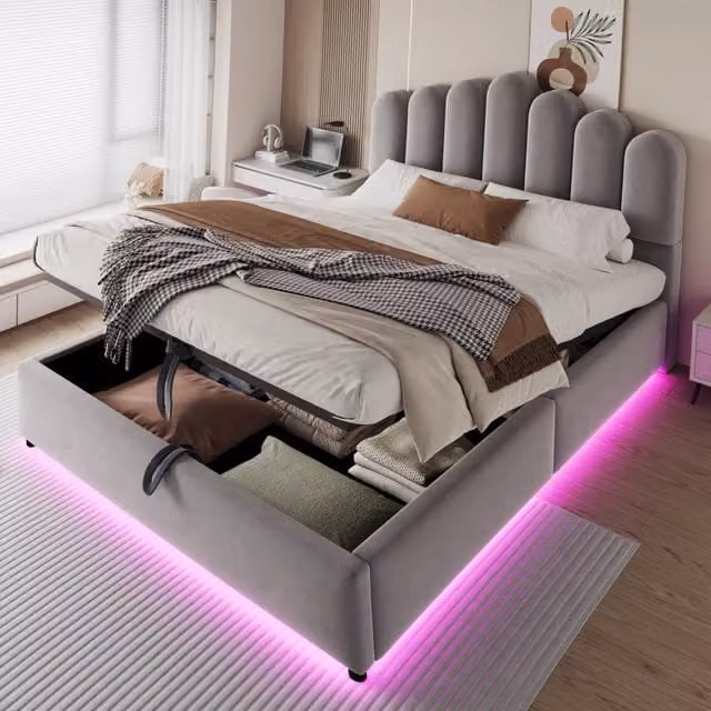 Letto imbottito 140x200 cm con contenitore idraulico; LED e velluto grigio