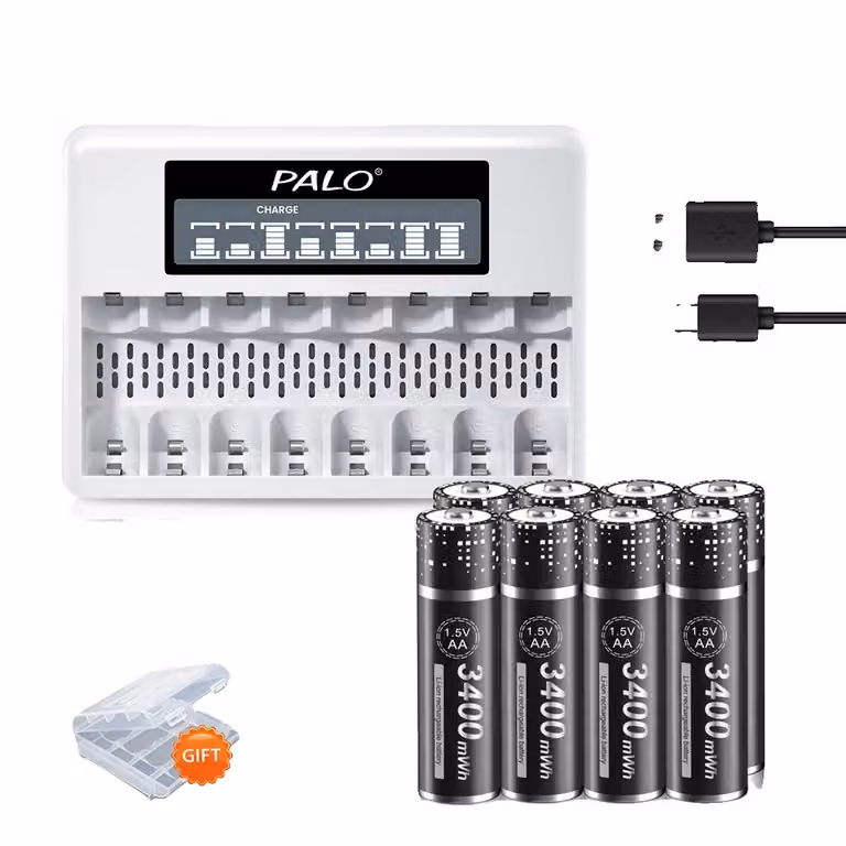 Batteria ricaricabile AA da 3400 mAh, caricabatterie a 8 slot, fino a 1800 cicli di carica, 8 batterie AA e 1 caricabatterie