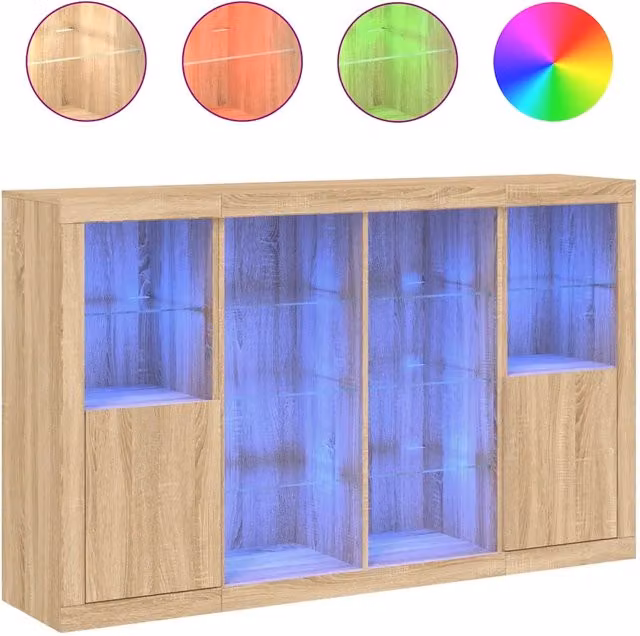 Credenze con Luci LED 3 pz | Madia | Buffet da pranzo | Armadio da pranzo Rovere Sonoma in Legno Multistrato