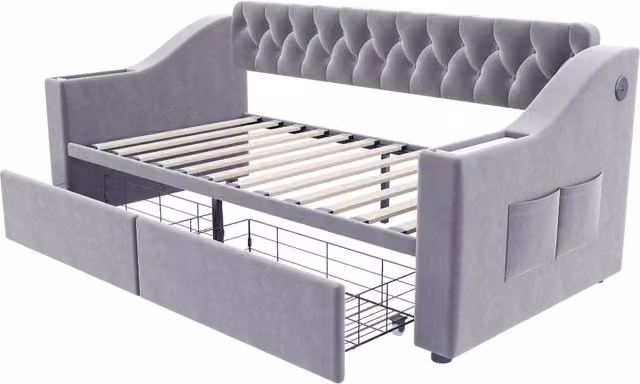 Divano Letto Imbottito 90x190 cm con Braccioli Larga e Spessi, Tessuto Velluto Grigio Chiaro, Cassetti e Tasche Portaoggetti, Porta USB Integrata