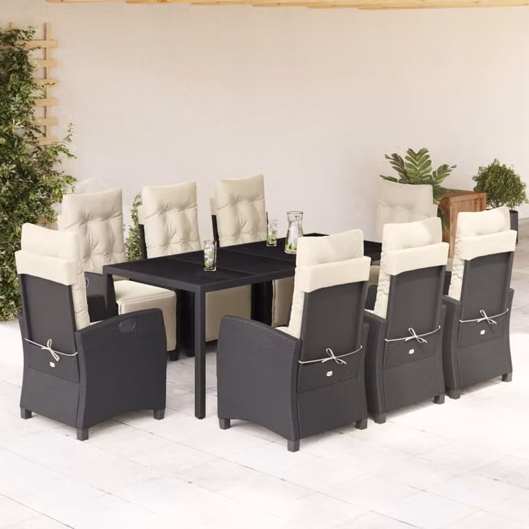 Set da Pranzo da Giardino vidaXL in Polyrattan Nero con Cuscini e Tavolo in Vetro, 9 Pezzi