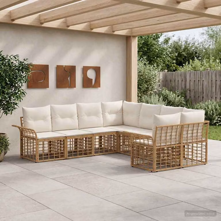 Set di divani da esterno vidaXL 8 pz a forma di U in stile moderno con struttura in metallo e cuscini inclusi, colori beige, marrone e bianco