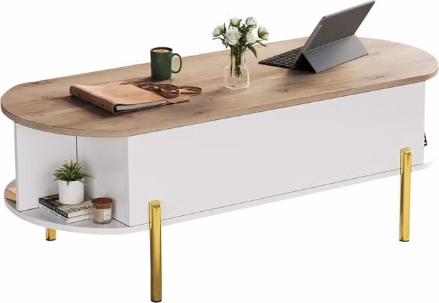Tavolo da caffè sollevabile REDOM in MDF bianco e oro L/P/H: 120 x 50 x 43 cm – 1