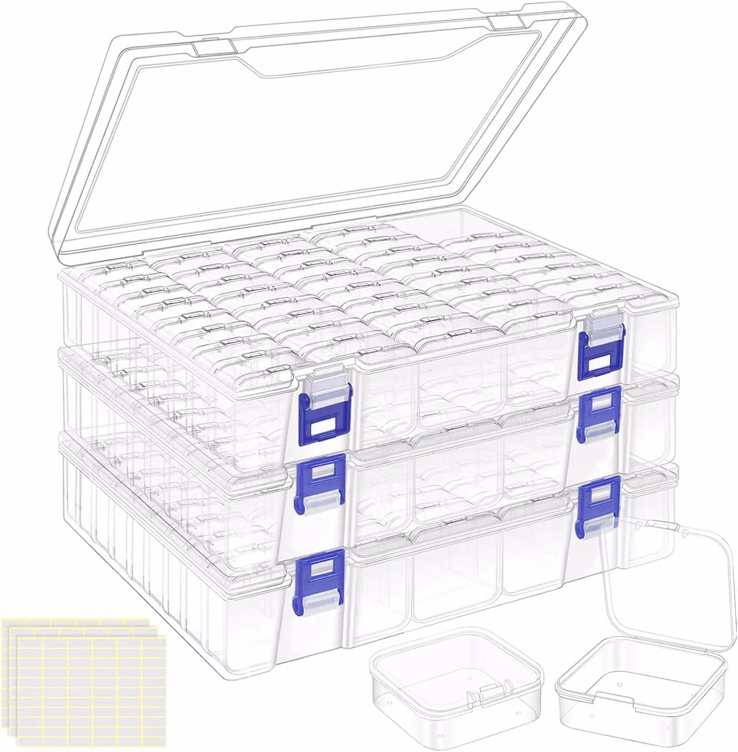 Contenitore organizzatore per perline, 138 pezzi, composto da 3 contenitori esterni e 135 contenitori interni, trasparenti, in plastica, ideale per lavori di artigianato