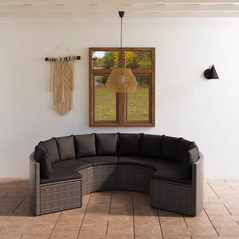 Set di divani da giardino vidaXL in polyrattan grigio con cuscini e struttura in acciaio rivestito in polvere