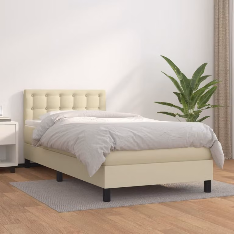 vidaXL Letto con Giroletto a Molle e Materasso Ibrido in Similpelle Beige, L/P/H: 90 x 200 x 88 cm