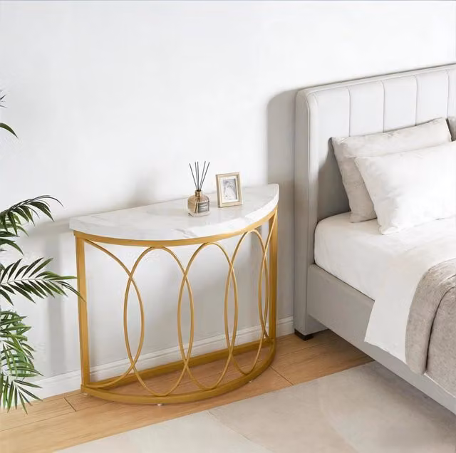 Tavolo consolle da ingresso semicircolare oro e bianco, 110 x 35 cm