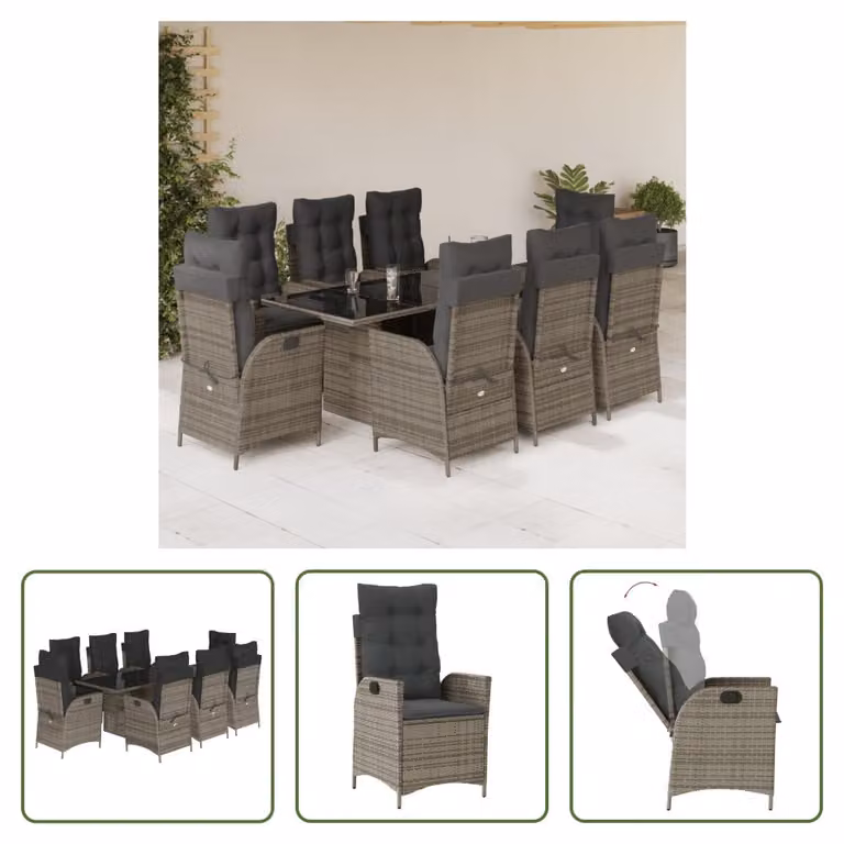 The Living Store Set da pranzo da giardino 9 pezzi con cuscini in poly rattan grigio