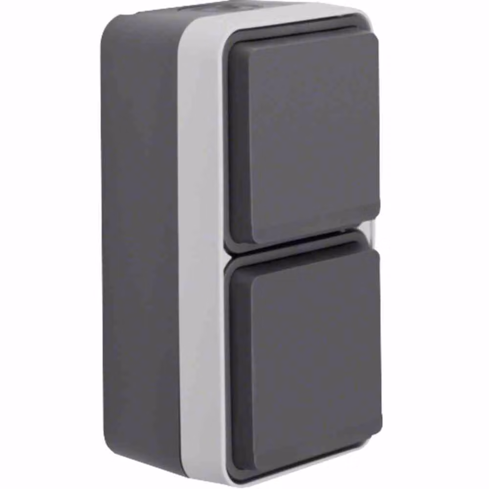 Berker 47703525 Presa di corrente con contatto di messa a terra, a 2 ingressi IP55 da superficie grigio/grigio chiaro opaco W.1 con coperchio incernierato montaggio verticale