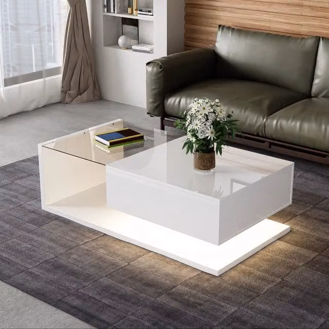 Tavolino da caffè Minimal con LED e vetro temperato bianco lucido L/P/H: 55 x 55 x 32,5 cm