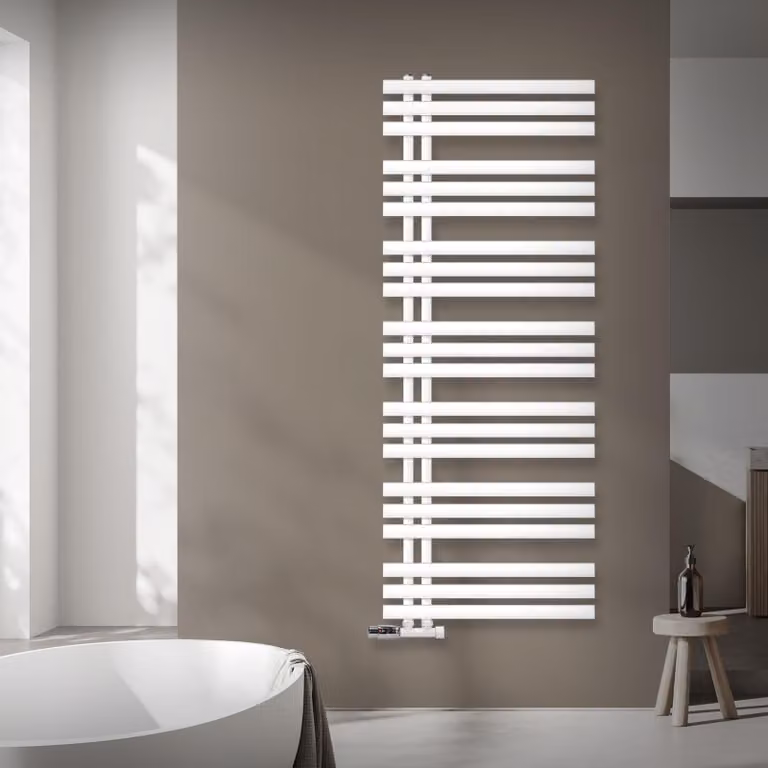 Radiatore da bagno LuxeBath Design, 600x1600 mm, bianco, set di collegamento termostato ad angolo a parete, senza elemento riscaldante