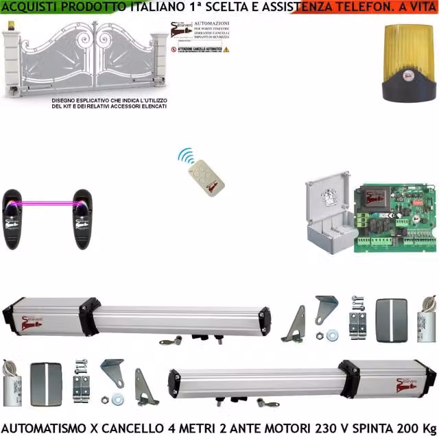 Automatismo Cancello 4 Metri 2 Ante da 2 Metri Kit 2 Motori Elettromeccanici 230 V Spinta 2 Q.li 2 Chiavi Completo Staffe Perni Borchie Centrale Radiocomando Faro Coppia Fotocellule Cartello Monitore