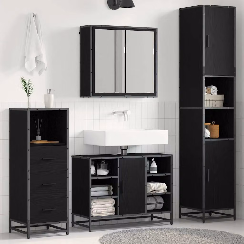Set di mobili per il bagno moderno vidaXL in 3 pezzi nero e rovere con armadietto a specchio, mobile lavabo e pensile sospeso – 1