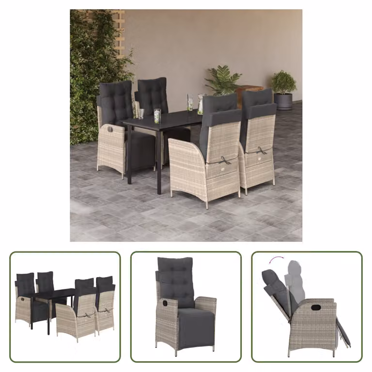 The Living Store Set da pranzo da giardino 5 pezzi con cuscini in rattan grigio chiaro