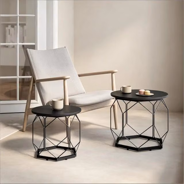 Set di 2 tavolini rotondi 50x45x50 cm e 40x36x40 cm con piani rimovibili in legno e metallo
