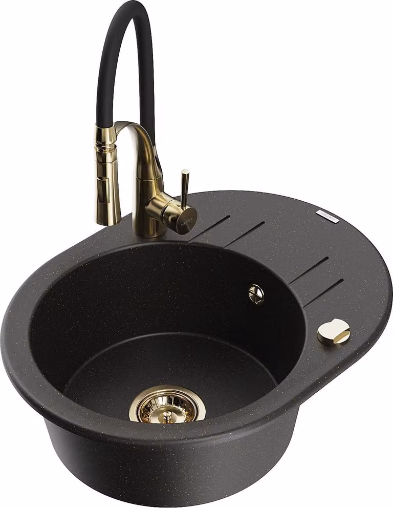 Mexen Kevin lavello in granito a 1 vasca con scolapiatti e rubinetto da cucina Aster, nero/oro metallizzato - 6517-75-73450-57-G