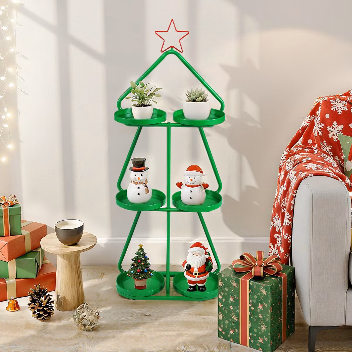 Supporto per piante di Natale a forma di albero con stella e vassoi per stoccaggio Costway, colore rosso e verde in metallo per uso da tavolo