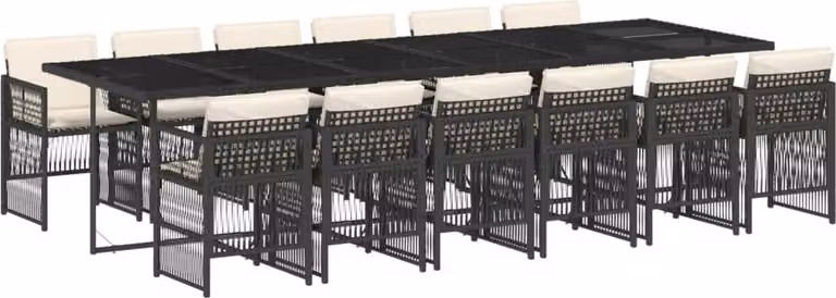 Set da Pranzo da Giardino 13pz con Cuscini Nero in Polyrattan