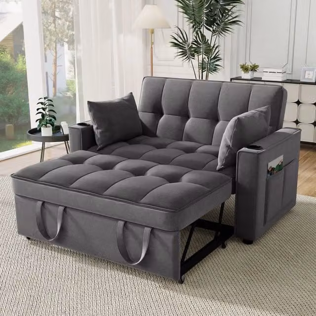 Divano letto REDOM in velluto grigio con funzione clic-clac, portabicchieri e cuscini inclusi, L: 137 cm, P: 76,5 cm, H: 83 cm
