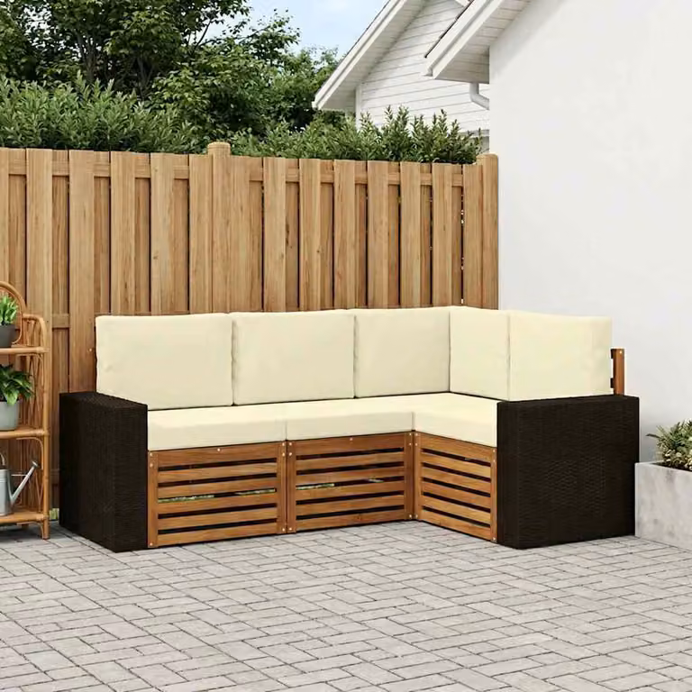 Set di divani da esterno vidaXL a forma di L composto da 4 pezzi in legno di acacia con cuscini beige e marroni in poliestere resistente ai raggi UV