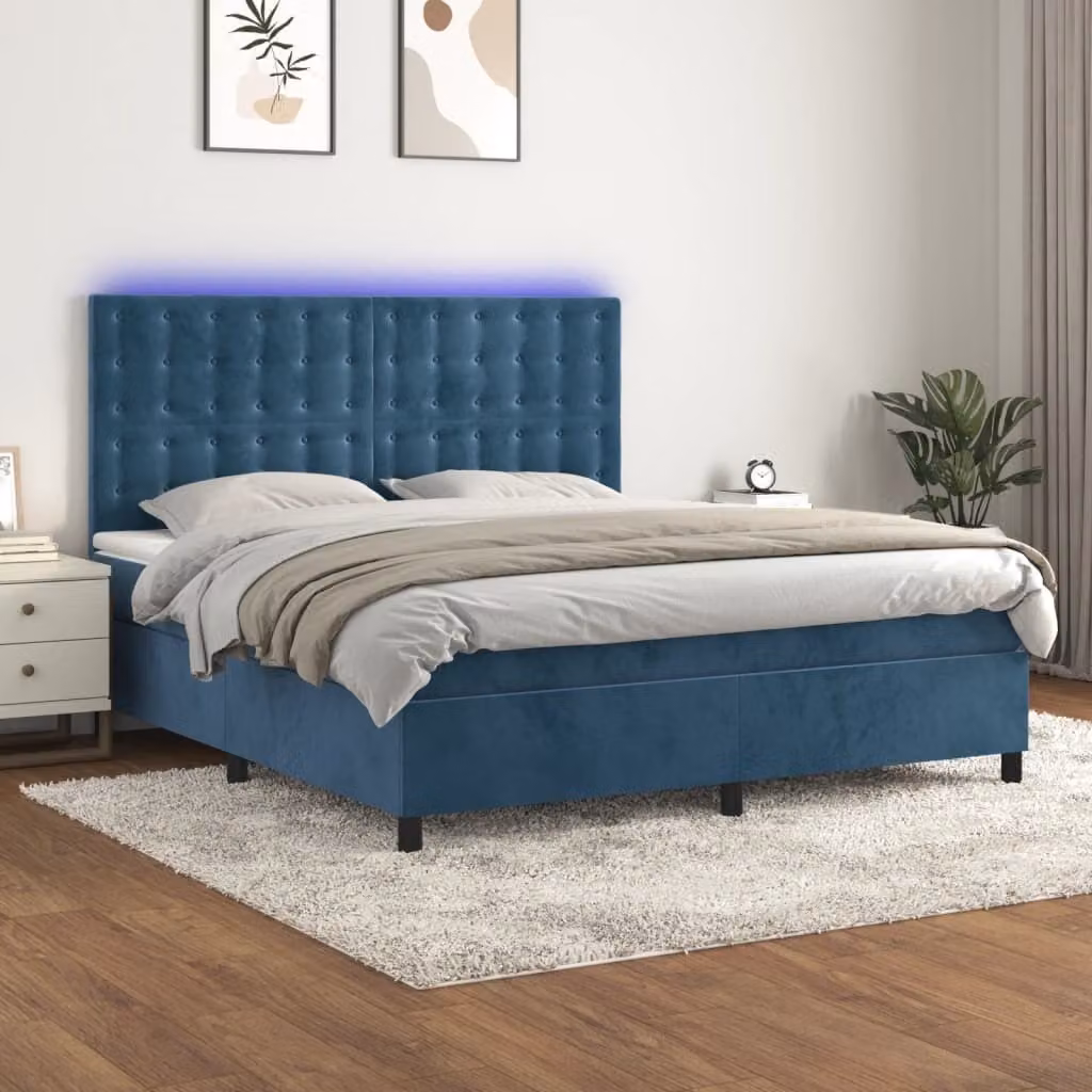 vidaXL Letto a molle con materasso e LED blu scuro 160x200 cm in velluto - Letto a molle - Letti a molle - Letto - Letti