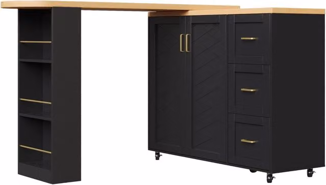 Carrello bar allungabile con 2 ante, 3 cassetti e piano effetto legno (135-228 x 39 x 104 cm), su ruote, bianco o nero