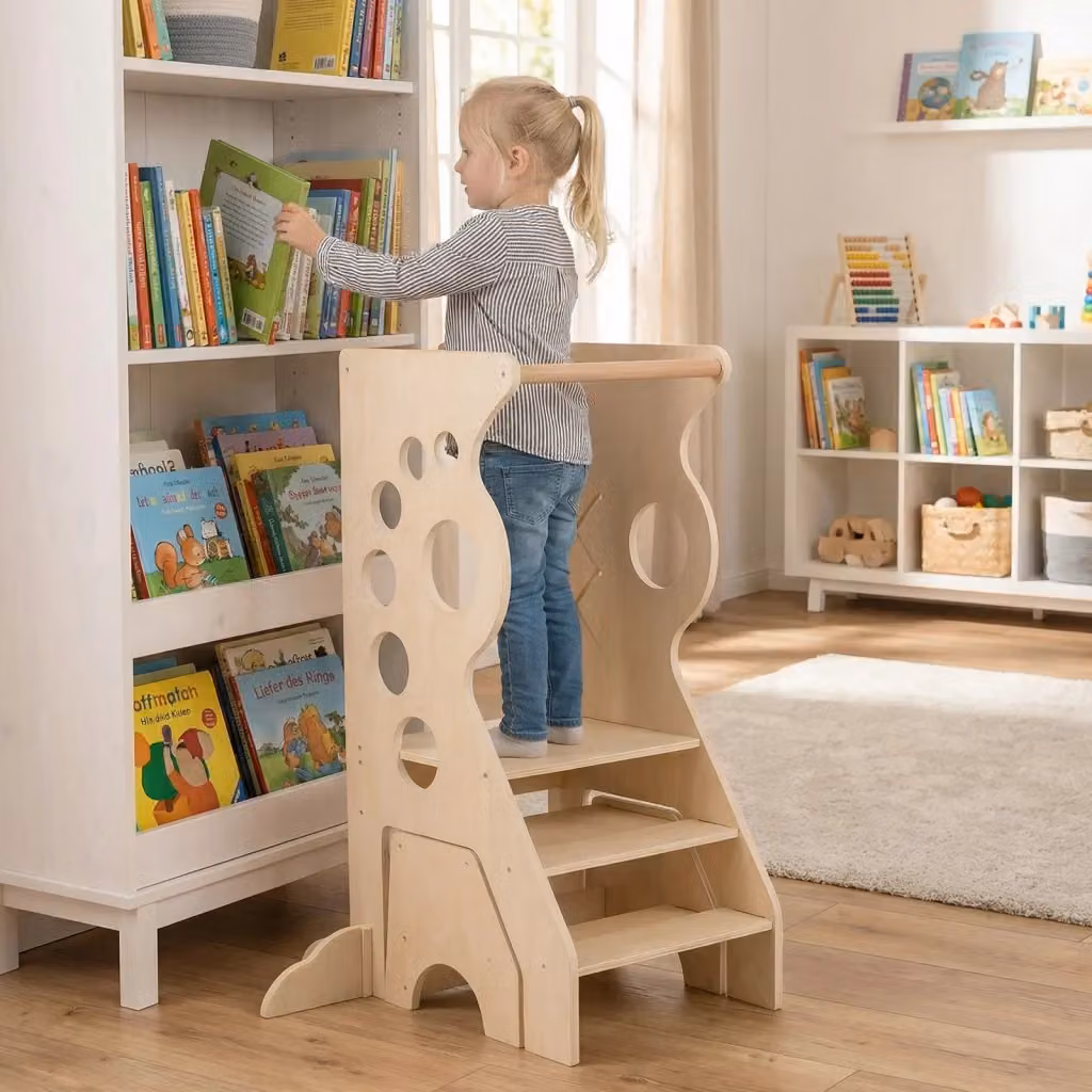 Sgabello torretta in legno 2 in 1 per bambini con barre di sicurezza rimovibili e 2 scalini, set tavolo e sedia versatile stile scandinavo colore beige per cucina e cameretta – 2