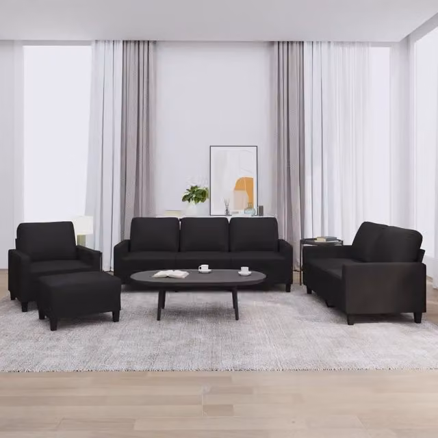 Set di divani vidaXL da 4 pezzi in similpelle nera con pouf e cuscini per soggiorno in stile moderno – 1